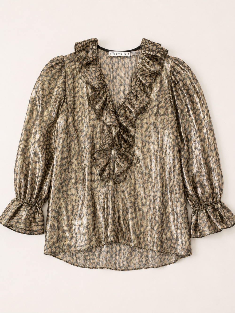Alice + Olivia Metallic Leopard Print Silk Blend Ruffle Neck Blouse XS